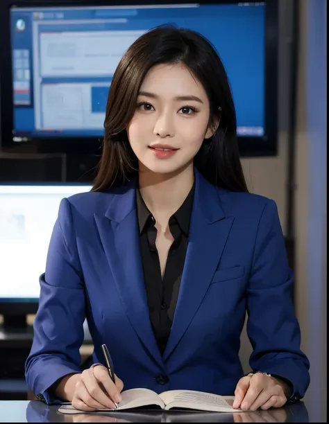 Fed Asian woman in blue suit sitting at desk, Gentle and lovely，news broadcast, news clips, Smile，high quality news clips, News report, evening news program, television news, girl, news clips, 