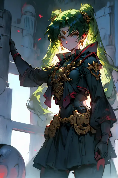 Black Kakalot Female, Green Hair, Look at Viewer, ancient tower
