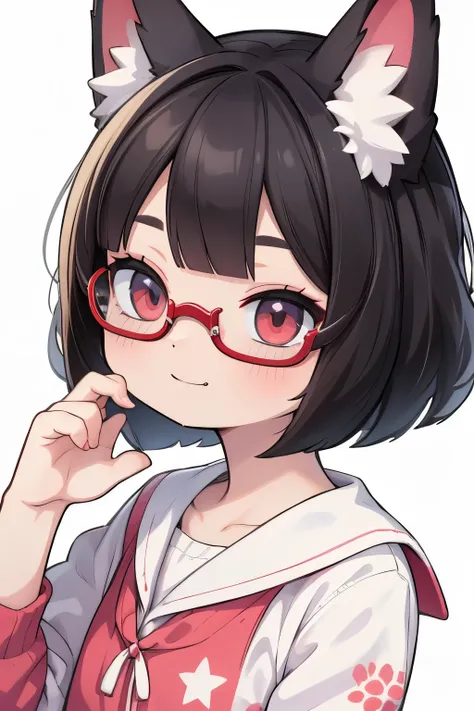 smug face, kawaii, red glasses, bob cut, animal ear