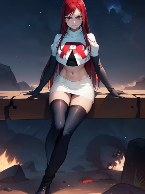 erza scarlet, long hair,red hair, brown eyes, ,team rocket uniform, red letter r, white skirt,white crop top,black thigh-high bo...