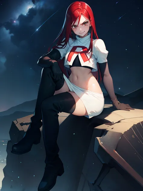 Erza Scarlet, long hair,red hair, brown eyes, ,team rocket uniform, red letter R, white skirt,white crop top,black thigh-high boots, black elbow gloves, evil smile, looking at viewer, cowboy shot, legs crossed, night sky background