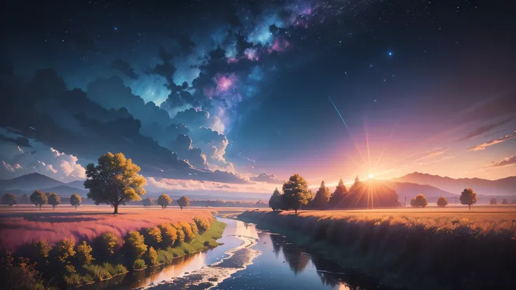 masterpiece, best quality, high detail, ((only background)) , no people, milk-river, stars rain, (anime style), realistic, (colorful sky), cinematic lighting, depth of field, glowing light, ray tracing, vignetting, ((wide shot)), masterpiece