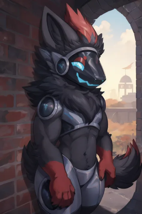 solo,nj5furry,furry,anthro,solo,masterpiece,high detail,best shadow,protogen,protogen visor,zorua,protogen,protogen, protogen vi...