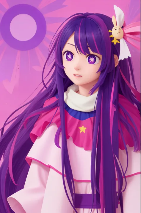 Hoshino Ai, long hair, purple hair, streaked hair ,purple eyes, star-shaped pupils, hair ornament,