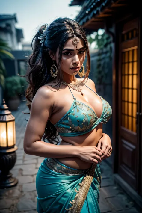 Walking in a moonlit courtyard, exotic girl, indiano, Olhando para o espectador, pele brilhante, perfect lighting, the embodiment of grace and elegance, (saree azul), (peitos grandes:1.5), decote, detalhes curvos claros, belas curvas, olhos detalhados, alu...