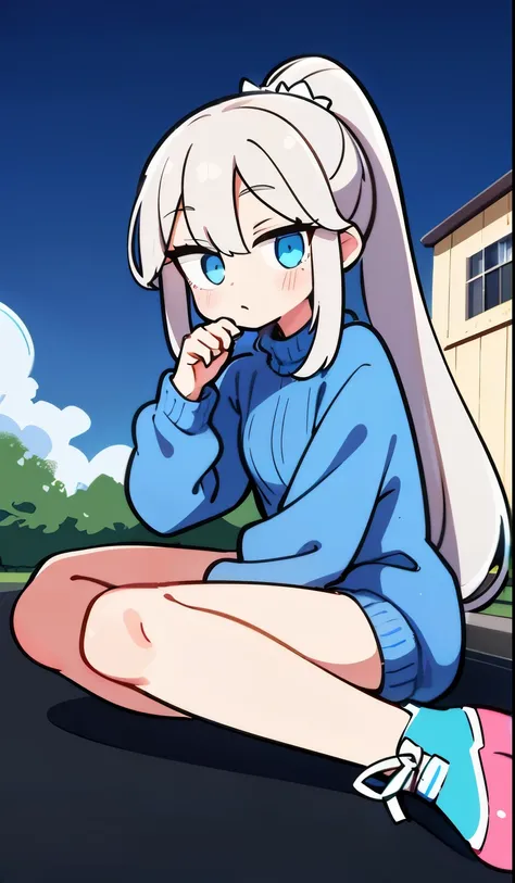 masterpiece:1.3、ultra high resolution:1.3、Beautiful woman、alone、G cup、ponytail、two tone hair、beautiful silver hair、blue eyelid body image、real moist skin、cute、fashion、fluffy knit sweater:1.3、outdoors、machine、summer、hand、feet、shoes