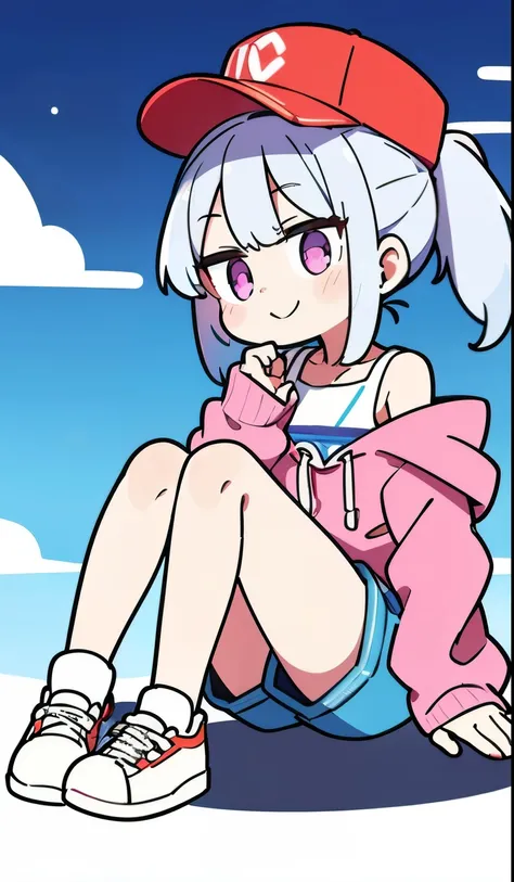 masterpiece:1.3、ultra high resolution:1.3、Beautiful woman、alone、G cup、ponytail、two tone hair、beautiful silver hair、blue eyelid body image、real moist skin、cute、smile、Drop-shoulder cropped drawstring hoodie:1.3、hat、白いshoes、shorts、outdoors、machine、summer、hand...