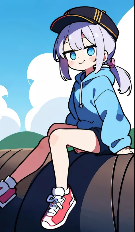 masterpiece:1.3、ultra high resolution:1.3、Beautiful woman、alone、G cup、ponytail、two tone hair、beautiful silver hair、blue eyelid body image、real moist skin、cute、smile、Drop-shoulder cropped drawstring hoodie:1.3、hat、白いshoes、shorts、outdoors、machine、summer、hand...