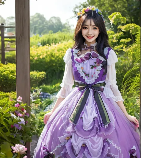 realistic, photorealistic, 8k, ultra detail, HDR, masterpiece, best quality, lo_dress, purple dress, garden, flower, 1girl, solo, slim, smile, cute, looking at viewer, long black hair, standing,  colorful, detailed background, 