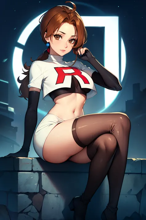 deliaketchum, brown hair, (brown eyes:1.7), parted bangs, (ahoge:1.5), ponytail, low ponytail,glossy lips, light makeup, eye shadow, earrings ,team rocket,team rocket uniform, red letter R, white skirt,white crop top,black thigh-high boots, black elbow glo...