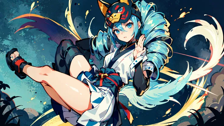 1 girl,solo, masterpiece, best quality,（火影ninja:1.4）, ninja，（kitsune mask:1.3），shurikens，miniskirt, perfect lighting, long skirt，long hair, Double tail, drill hair, blue hair, blue eyes, Gwen, 