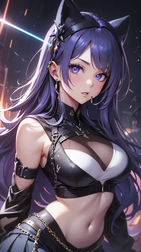 highest quality、Highest image quality、masterpiece、teenage girl((18-year-old、 Agar、vest bust、medium bust,wide open breast tea、purple eyes, purple hair、long hair、slender,highest valley、cute makeup、black nail polish、white short skirt、open your mouth wide、have...