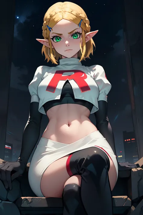 zelda, green eyes, short hair ,team rocket,team rocket uniform, red letter r, white skirt,white crop top,black thigh-high boots ...