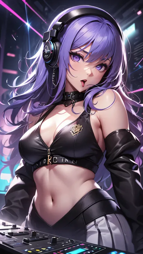 highest quality、Highest image quality、masterpiece、teenage girl((18-year-old、 Agar、vest bust、medium bust,wide open breast tea、purple eyes, purple hair、long hair、slender,highest valley、cute makeup、black nail polish、white short skirt、open your mouth wide、have...