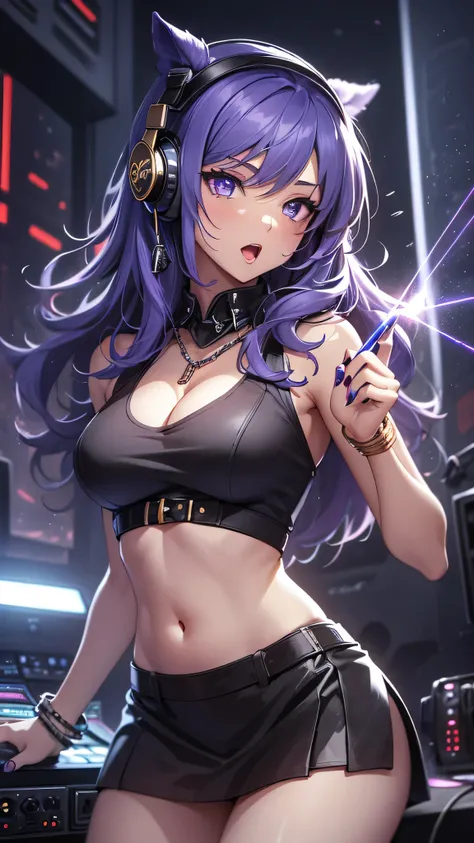 highest quality、Highest image quality、masterpiece、teenage girl((18-year-old、 Agar、vest bust、medium bust,wide open breast tea、purple eyes, purple hair、long hair、slender,highest valley、cute makeup、black nail polish、white short skirt、open your mouth wide、have...