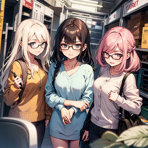 3girls，((wearing glasses))