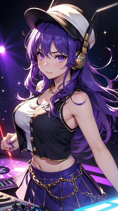 highest quality、Highest image quality、masterpiece、teenage girl((18-year-old、 Agar、vest bust、medium bust,wide open breast tea、purple eyes, purple hair、long hair、slender,highest valley、cute makeup、black nail polish、white short skirt、Looks like fun、have a gui...