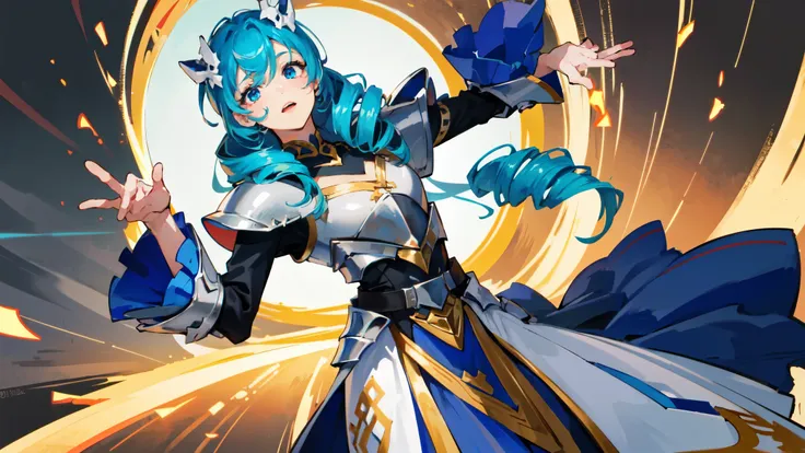 1 girl,solo, masterpiece, best quality,Blue and white ornate plate armor, knight，（face guard:1.3），long sword，shield，miniskirt, perfect lighting, long skirt，long hair, Double tail, drill hair, blue hair, blue eyes, Gwen, 