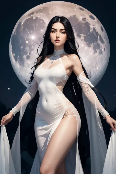 A beautiful woman. A priestress of the moon. Long straight black hair. Fair skin. Thick eyebrows. Narrow blue eyes. A small nose. Full soft lips. A long neck. Big firm breasts. Wide hips. Long legs. Beautiful. Elegent. Graceful. Wearing a white transparent...