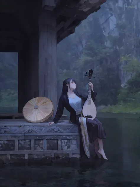 there is a woman sitting on a ledge playing a musical instrument, inspired by Tang Yin, by Qian Gu, by Xia Yong, by Wen Zhenheng, by Fei Danxu, inspired by Song Xu, by Yang J, by Yuan Jiang, by Zhang Yin, inspired by Chen Yifei, by Dai Xi, by Jiang Tingxi,...