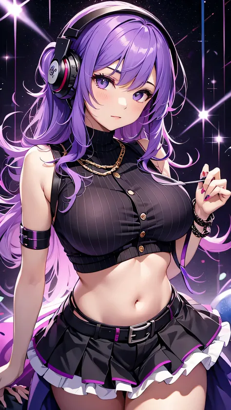 highest quality、Highest image quality、masterpiece、teenage girl((18-year-old、 Agar、vest bust、medium bust,wide open breast tea、purple eyes, purple hair、long hair、slender,highest valley、cute makeup、black nail polish、white short skirt、Looks like fun、have a gui...