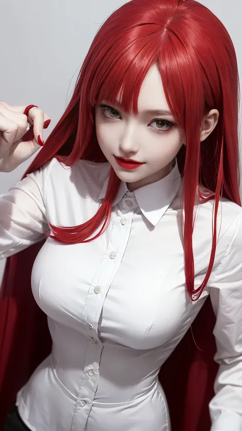 (((makima))) from chainsaw man,mappa, white background , red hairs, white shirt,black tie, expressive eyes,evil happy look,red l...