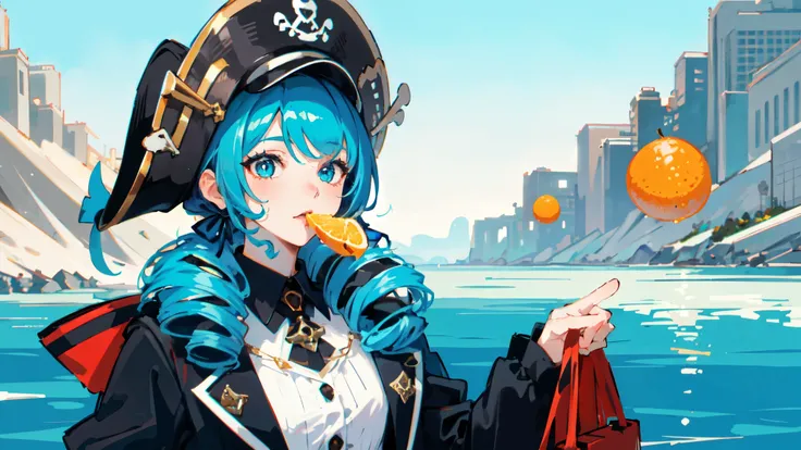 1 girl,solo, masterpiece, best quality,，Pirate hat，On deck，Eat oranges，perfect lighting, Double tail, drill hair, blue hair, blue eyes, Gwen, 