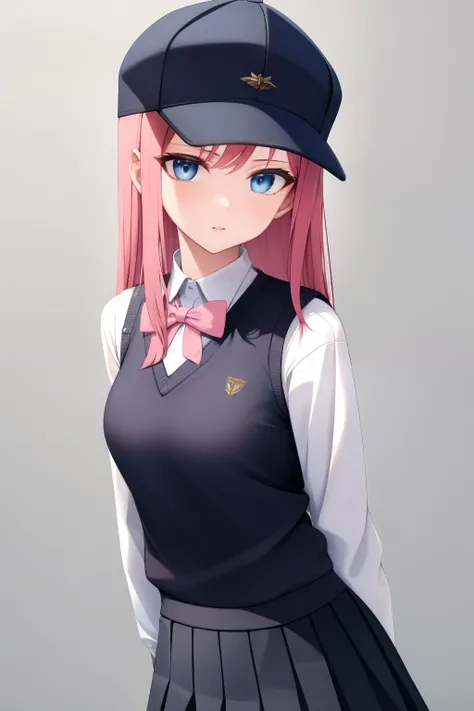  (masterpiece, best quality:1.2), close-up image of, a person with long pink hair, blue eyes, wearing a black snapback hat, with a white long-sleeved sweater and a black knitted vest, a short gray school skirt, ultra detailed, best quality, expressive eyes...