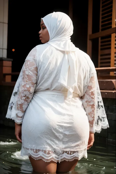 Dark skin Hijab teen girl chubby bbw, white lace, Playing in deep flood water, Big and wide back