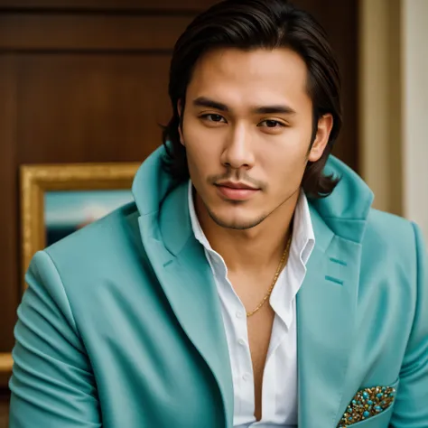 A closeup portrait of a yong man which is a european singer with a long ash brown hair, dressed in stylish turquoise jacket, ((best quality)), ((masterpiece)), (detailed), perfect face