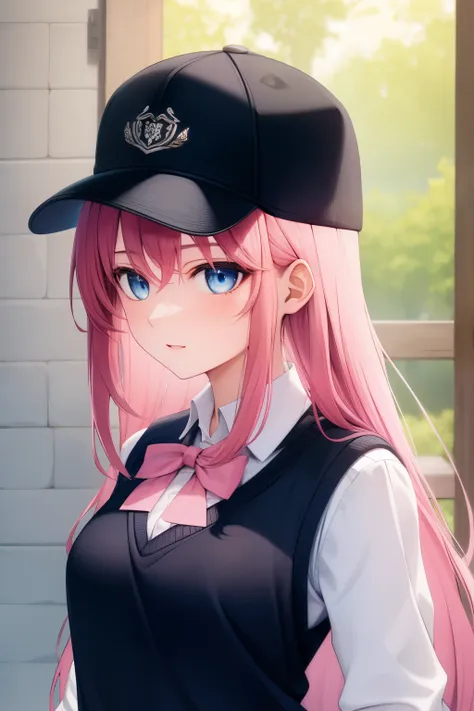  (masterpiece, best quality:1.2), close-up image of, a person with long pink hair, blue eyes, wearing a black snapback hat, with a white long-sleeved sweater and a black knitted vest, a short gray school skirt, ultra detailed, best quality, expressive eyes...