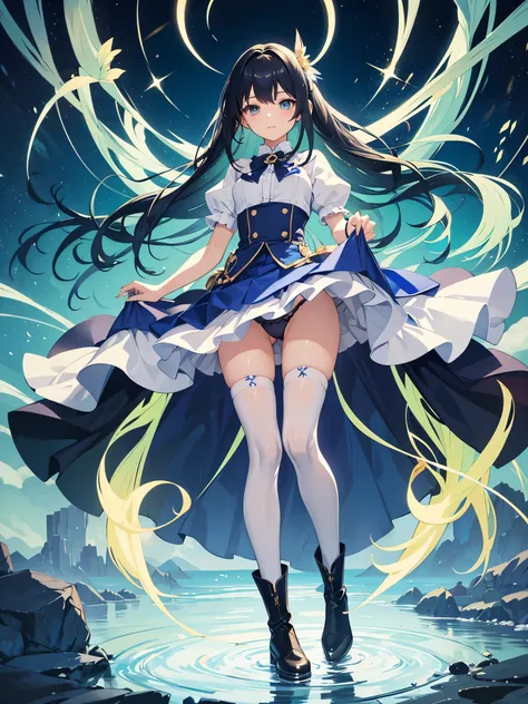 full body shot shot,Idol,portrait,individual,over knee socks,Single horsetail,hairpin,frills,Boots that are thigh-length,beautiful girl,Magical girl,cyanhair,skirt lift,((blue panty))