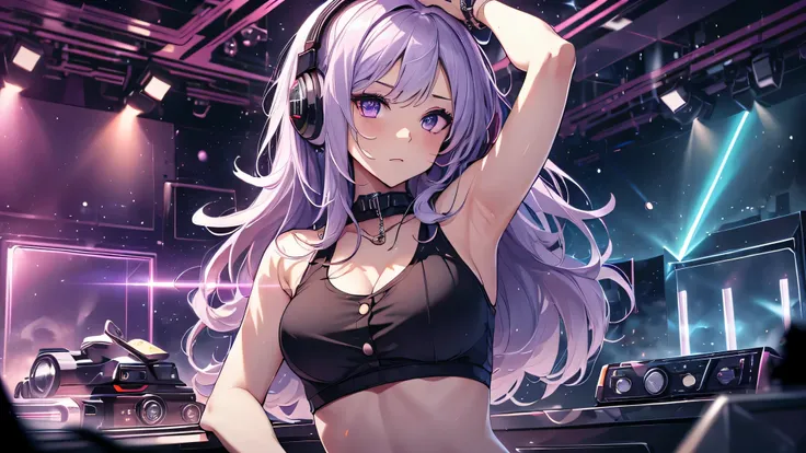 highest quality、Highest image quality、masterpiece、teenage girl((18-year-old、 Agar、vest bust、medium bust,wide open breast tea、purple eyes, purple hair、long hair、slender,highest valley、cute makeup、black nail polish、white short skirt、Looks like fun、have a gui...