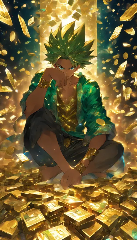 A young man sitting in front of a computer, holding a credit card in his hand, with a determined look on his face as he gazes at the game character on the screen. Piles of money and gold coins surround him, and sparkling jewels are scattered on the table. ...