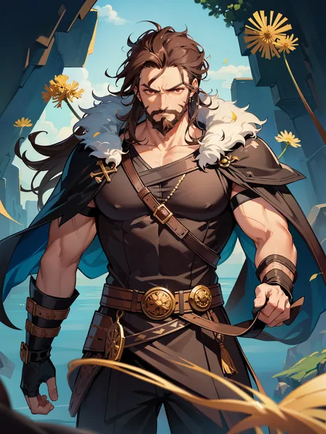 a man, a manly savage barbarian warrior who has red eyes and very dark brown hair of medium length at the height of the neck and...