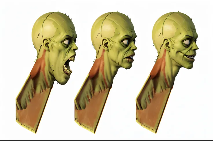 a close up of a green zombie head with a red tie, 3 heads, zombie in horror concept art, undead facial features, face turnaround 3 6 0, gorillaz phase 1, face turnaround, head details, a disembodied head screaming, undead. highly detailed, face variations,...