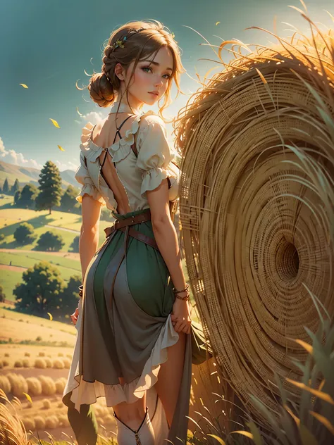 young beautiful woman, flawless skin, smooth skin, very large firm breasts, perfect proportions, peasant girl, she stands in the field between hay bales, sunshine, blue sky, green hills, anime, sexy, erotic, UHD resolution, realistic detail, realistic refl...