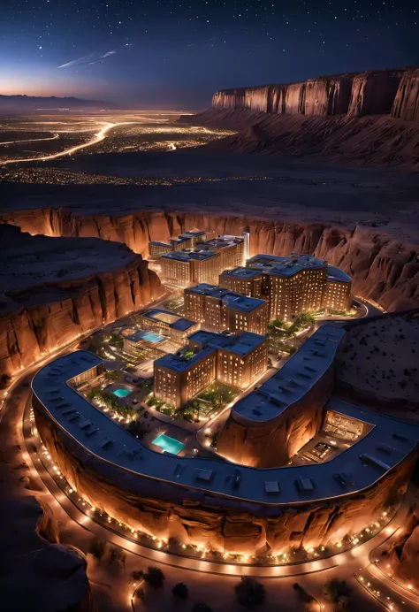 desert canyon cliff resort luxury hotel, the design of buildings flying in the sky, symbiosis with the natural environment, dese...