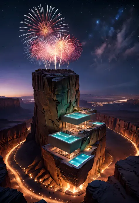 the design of desert canyon cliff holiday wild luxury building flying in the sky, and the natural environment are in harmony and...