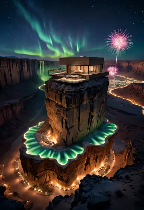 The design of the desert canyon cliff holiday wild luxury buildings flying in the sky, and the natural environment are in harmony and symbiosis. At night in the desert canyon, (aurora), stars, sky fireworks and aurora bloom,by John Pawson,by Rem Koolhaas,m...