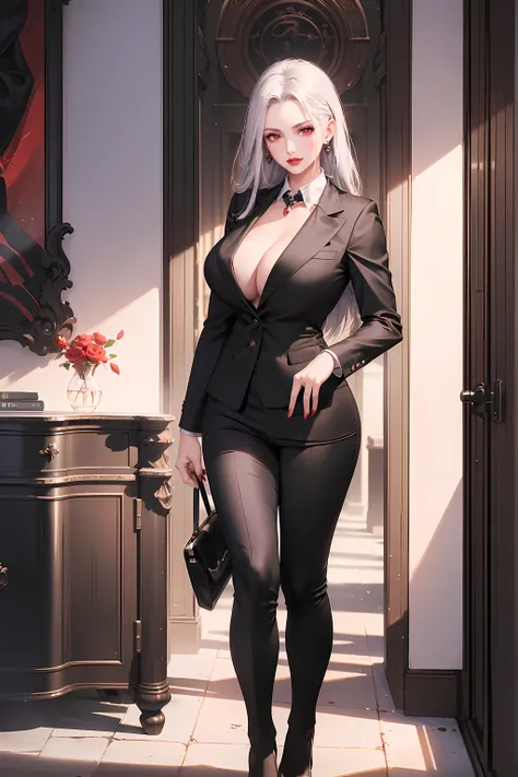 (best quality,4k,8k,highres,masterpiece:1.2),ultra-detailed,red lips,lipsticks,business womans coat,black suit,deep red eyes,milf,long hair,silver hair,serious expression,handsome and confident,subtle smile,full body,big breasts,perfect breasts