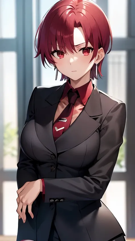 (masterpiece, best quality:1.2), bazett, fgo, 1girl, solo, short hair, red hair, bangs, red eyes,  large breasts, black gloves, formal suit, necktie, jacket, upper body, earrings, 