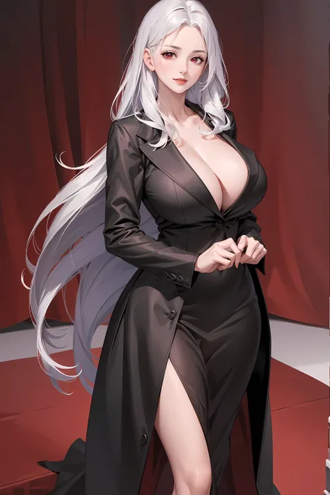 (best quality,4k,8k,highres,masterpiece:1.2),ultra-detailed,red lips,lipsticks,business womans coat,black suit,deep red eyes,milf,long hair,silver hair,serious expression,handsome and confident,subtle smile,full body,big breasts,perfect breasts,白色公主衬衫