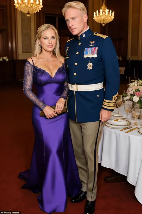 When the couple entered the grand dining hall, all eyes were drawn to their striking appearance. The gentleman, a 60-year-old man with blond hair and blue eyes, a decorated military general, stood tall and proud in his uniform adorned with medals and golde...