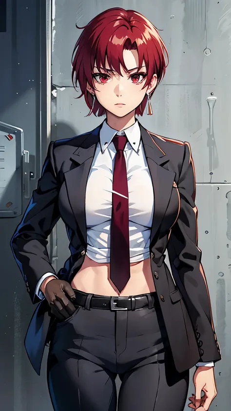 (masterpiece, best quality:1.2), bazett, fgo, 1girl, solo, short hair, red hair, bangs, red eyes,  large breasts, black gloves, formal suit, necktie, jacket, upper body, earrings, 