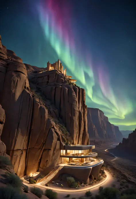 towering desert canyon cliff resort wild luxury alien hotel volley design, steep and towering desert canyon, asymmetrical
and na...