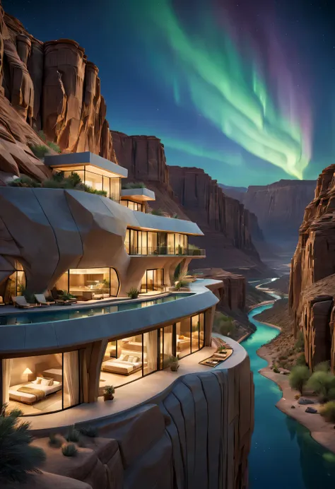 towering desert canyon cliff resort wild luxury alien hotel volley design, steep and towering desert canyon, asymmetrical
and na...