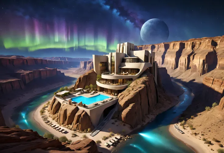 towering desert canyon cliff resort wild luxury alien hotel volley design, steep and towering desert canyon, asymmetrical
and na...