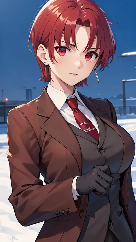 (masterpiece, best quality:1.2), bazett, fgo, 1girl, solo, short hair, red hair, bangs, red eyes,  large breasts, black gloves, formal suit, necktie, jacket, upper body, earrings, 