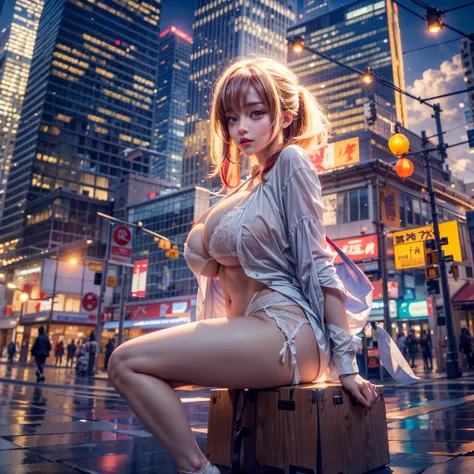 ((NSFW:-0.95)), (((nipple:-0.9))), ((Acutance:0.85)), (from below) . "A KAWAII girl is squatting in the city. A large number of school girls pass by. I have my legs spread in an M shape with hands to hide my crotch. Wearing white lingerie and Red highheels...